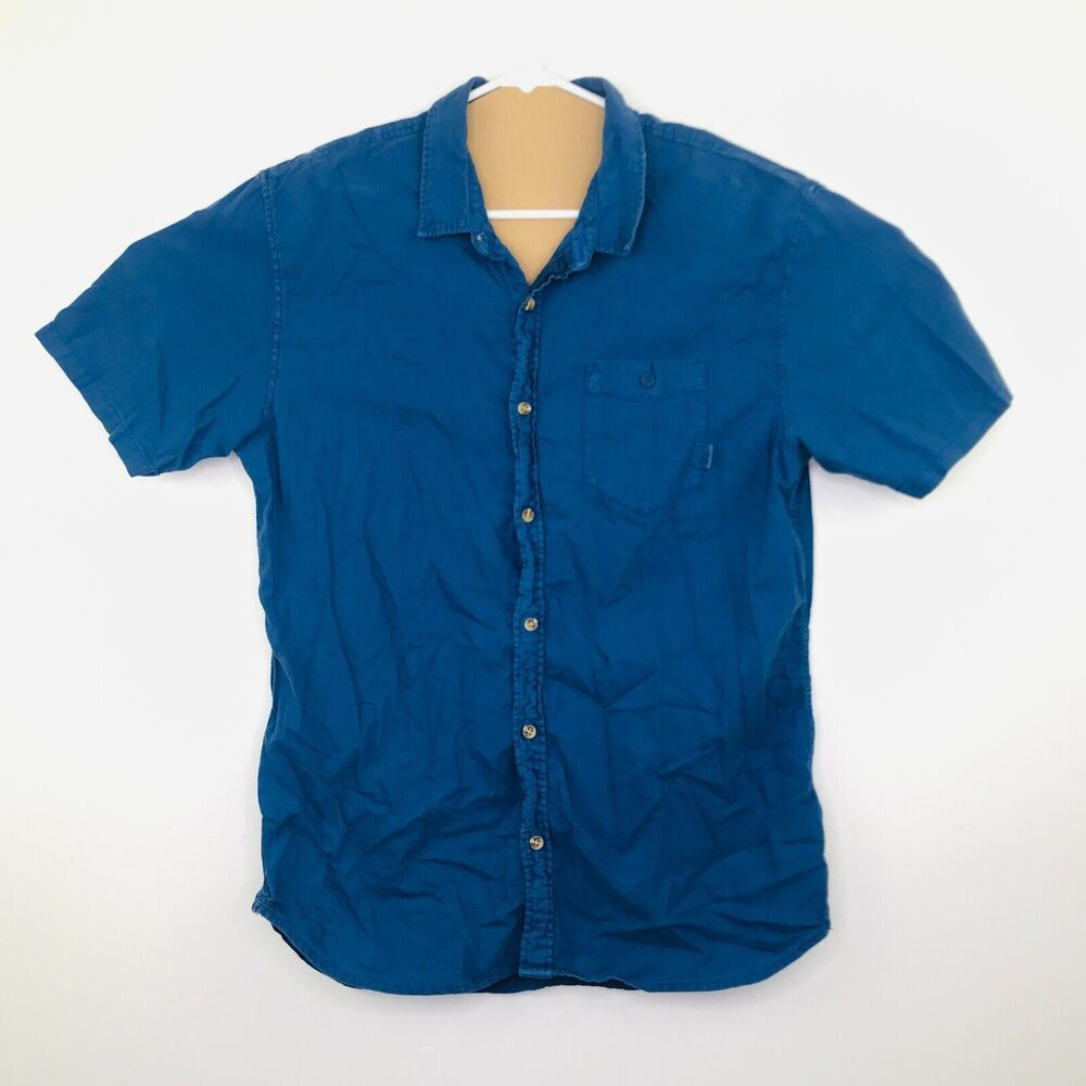 Vans Men's Large Shirt Blue Solid Short Sleeve Pocket Front Button Up BN19